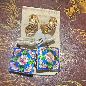 Anthropologie Blue and Gold Floral Earrings